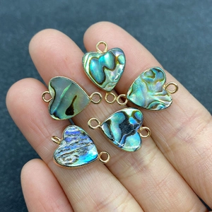 Natural heart-shaped abalone shell pendants with gold plated edges and double loops