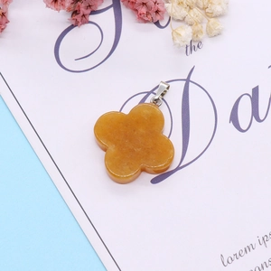 Natural yellow jade clover shaped pendant with silver bail for DIY necklace making