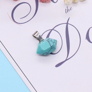 Sky blue turquoise stone pendant with silver metal clasp and natural black mesh texture