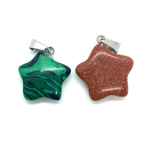 Five-pointed star natural stone pendants in green malachite and brown goldstone style