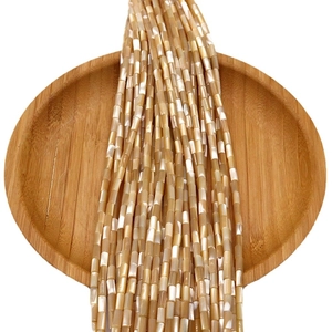 Natural cylindrical sea shell tube beads for DIY necklace jewelry on a wooden tray