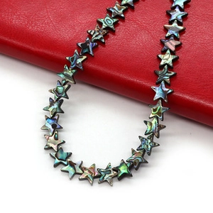 Detailed view of leaf-shaped natural abalone shell beads with vibrant iridescent luster