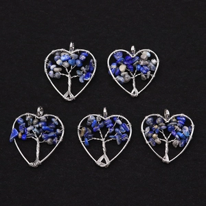 Set of 5 heart-shaped tree of life pendants with blue gemstone chips in silver wire frame