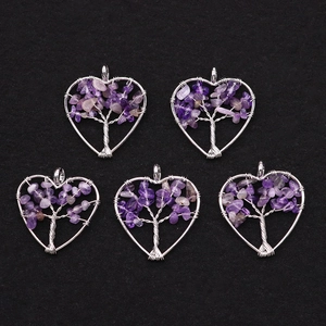 Set of 5 heart-shaped purple fluorite pendants with silver tree of life wire wrapping