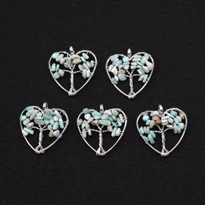Natural heart fluorite tree of life pendants with silver wire and tiny raw gemstones