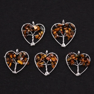 Handmade silver wire wrapped heart shaped tree of life pendants with natural tiger eye stones