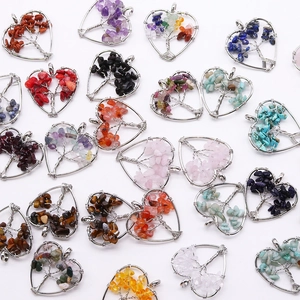 Rainbow tree of life heart pendant with colorful semi-precious stone chips and silver wire