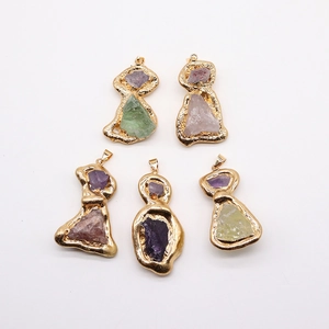 Irregular natural raw stone pendants with gold hammered edges in five assorted colors