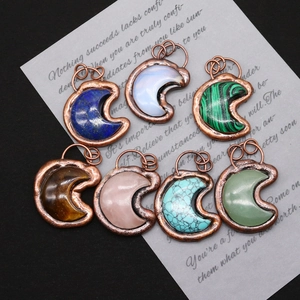 Moon-shaped natural stone pendants with vintage bronze metal frames in various colors