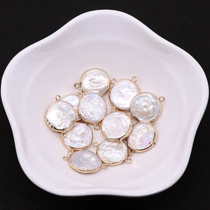 Natural freshwater pearl round flat pendant with gold plated double loop connector charms