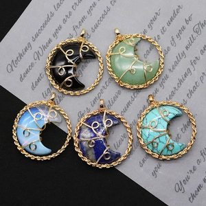 Natural stone moon pendants with gold wire wrapping in round twisted metal frames