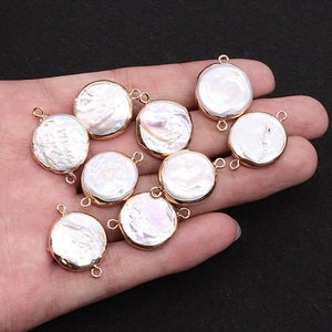 Flat natural freshwater pearl connector charms with gold plated edges for DIY jewelry making