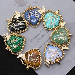 Natural heart gemstones with wire wrap and gold butterfly charms in multiple colors