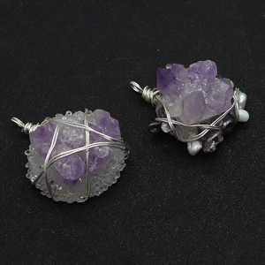 Natürlicher Amethyst Süßwasserperle Drahtumwickelt Anhänger Unregelmäßiger Rohstein Bohemian DIY Schmuckzubehör Nur Anhänger
