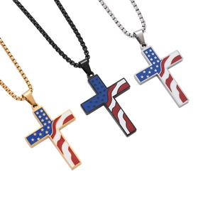 American flag cross pendant necklaces with pearl accents in gold, black, and silver finishes