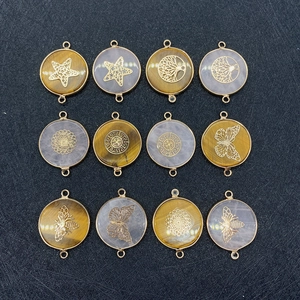 Detailed set of twelve round tiger eye stone connectors with gold filigree patterns for DIY