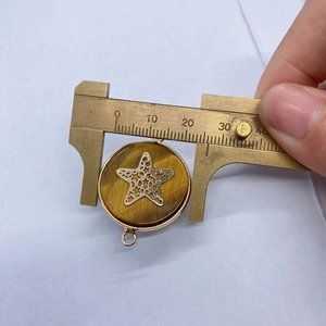 Macro shot measuring 27mm tiger eye stone pendant with gold star inlay and dual rings
