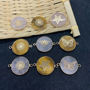 Natural rose quartz and tiger eye stone round pendants with gold plated filigree motifs