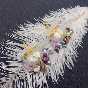 Natural freshwater pearl and crystal wire-wrapped pendant with bohemian shells on feathers
