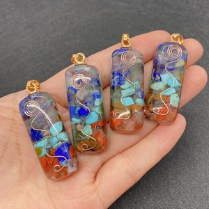 Natural stone resin column pendants with wire wrap and gold bail charms set of 4