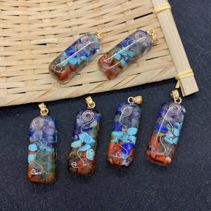 6Pcs natural gemstone resin pendants with chakra stones and copper coil in 45-degree view