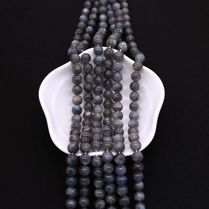 Detailed view of polished natural labradorite beads with blue and yellow flash effect