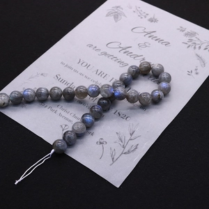 Macro detail of natural labradorite beads showing blue and purple iridescent flash