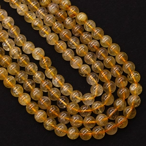 Polished natural yellow crystal quartz beads with golden rutile needles for DIY necklaces