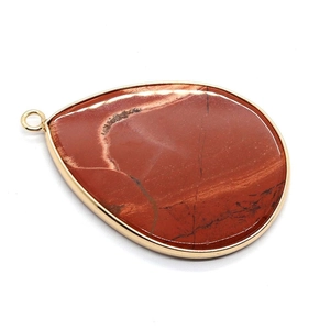 Teardrop natural agate stone pendant with red marble texture and gold plated edging