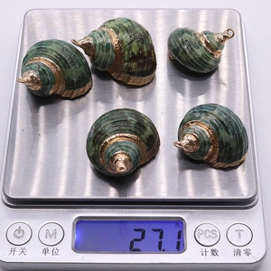 Macro-opname van natuurlijke schelphangers met groene texturen en vergulde metalen randen