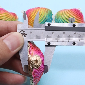 Macro view showing natural shell pendant dimensions with a caliper measurement