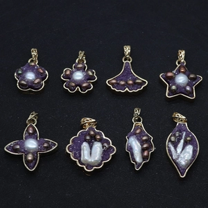 Detailed set of 8 purple druzy and pearl pendants with ornate golden metal frames