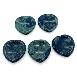 Polished heart shaped Kambaba Jasper natural stones with green and black swirl patterns