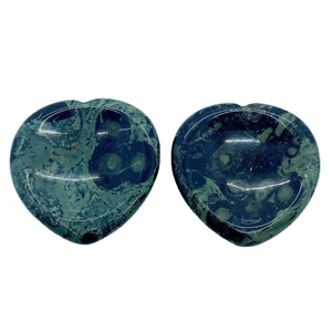 Natural heart-shaped Kambaba Jasper massage stone with unique dark green spot pattern