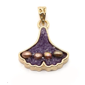Ginkgo leaf pendant with purple druzy crystal and brown freshwater pearls in gold plating