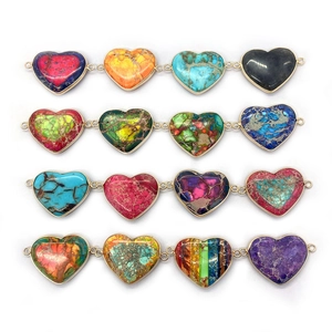 Pendentifs cœur en pierre impériale 26x40mm avec connecteurs métalliques dorés à double trou
