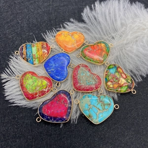 Pendentif Coeur en Pierre Naturelle Jaspe Impérial Sertissage Doré Connecteur Double Boucle pour Création de Bijoux DIY Charme Coeur
