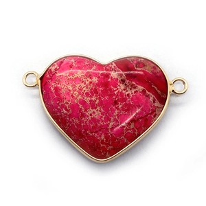 Connecteur en jaspe impérial rose en forme de cœur avec bord doré pour bijoux DIY