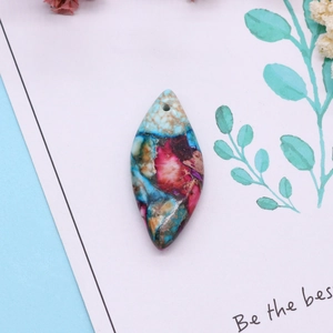 Polished marquise emperor stone pendant with colorful mosaic textures and pre-drilled hole
