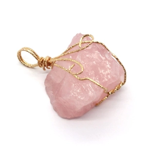 Natural pink quartz raw stone pendant wrapped with golden wire for DIY jewelry making