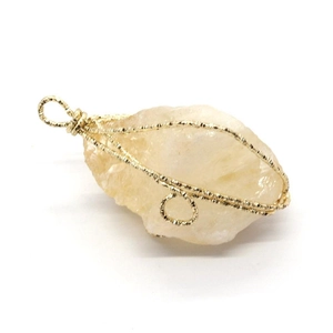 Handcrafted irregular yellow crystal pendant wrapped in gold wire for DIY jewelry