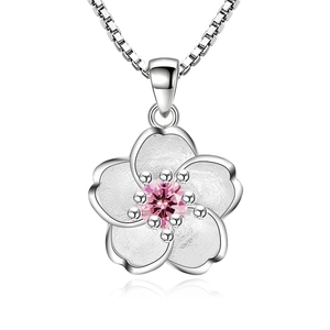 Silver cherry blossom pendant necklace with white enamel petals and pink gemstone