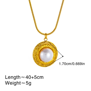 Textured round pearl pendant on a gold snake chain necklace with detailed dimensions