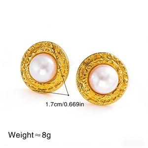 Golden round pearl stud earrings with textured vintage finish and 1.7cm diameter