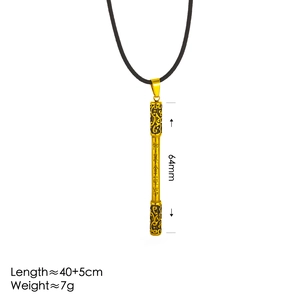Golden Ruyi Jingu Bang staff pendant necklace with engraved cloud patterns and black cord