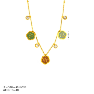 Vintage gold camellia flower necklace with colorful enamel pendants and crystal accents