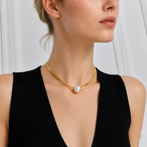 Collier de Künstliche Perles en Acier Inoxydable pour Femmes Chaîne Serpent Double Couche Pendentif Künstliche Perle d'Imitation Bijoux Vintage Or Argent