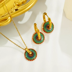 Collier Et Boucles d'Oreilles Pendentif Boussole Marguerite En Acier Inoxydable Vintage Plaque Or 18K Émail Floral Bijoux Boho