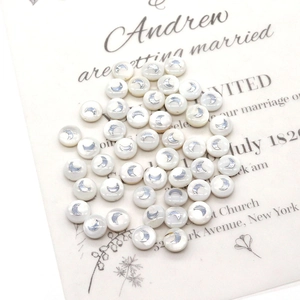 Natural white shell round beads with silver moon inlay for DIY necklace jewelry making