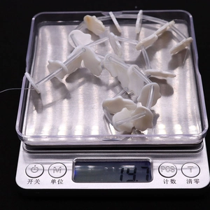 Macro detail of natural freshwater shell palm beads on a digital scale for DIY jewelry